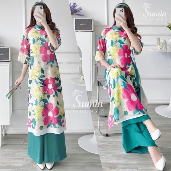[ FREE SHIP] Set &Aacute;o D&agrave;i Hoa Gấm D&aacute;ng Xu&ocirc;ng 4 T&agrave; Tay Xo&egrave; Lỡ- &Aacute;o D&agrave;i SuMin_HOAXUONG