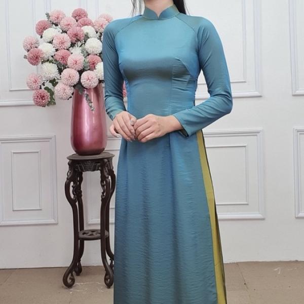 A1079 bộ &aacute;o d&agrave;i lụa haiza cổ cao xanh Ngọc &aacute;nh v&agrave;ng (Đ&Atilde; GỒM QUẦN)