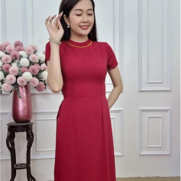 A1170 &aacute;o d&agrave;i lụa mỹ đỏ đ&ocirc; c&ocirc;̉ tàu tay ngắn (KH&Ocirc;NG GỒM QUẦN)