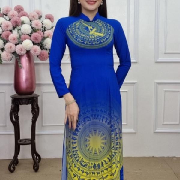 A1298 &aacute;o d&agrave;i lụa nhật xanh coban cổ cao trống đồng (KH&Ocirc;NG GỒM QUẦN)