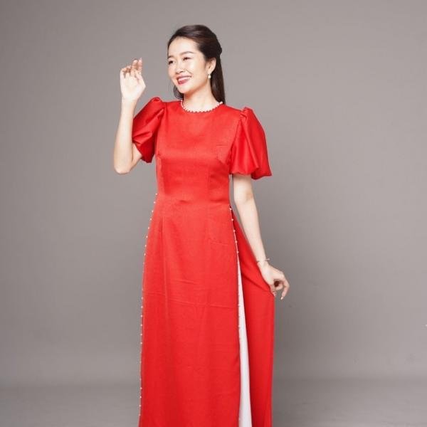 A1370 &aacute;o d&agrave;i lụa ngọc trai đỏ tay bồng cộc (KH&Ocirc;NG GỒM QUẦN)