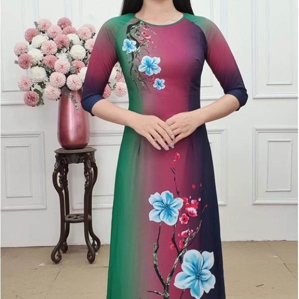 A1470 &aacute;o d&agrave;i lụa Nhật cổ tr&ograve;n xanh l&aacute; pha đỏ đ&ocirc; (KH&Ocirc;NG GỒM QUẦN)