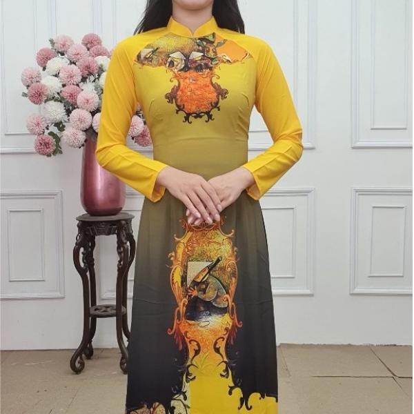A1485 &aacute;o d&agrave;i lụa nhật cổ cao v&agrave;ng omber đen bốn c&ocirc; g&aacute;i (KH&Ocirc;NG GỒM QUẦN)
