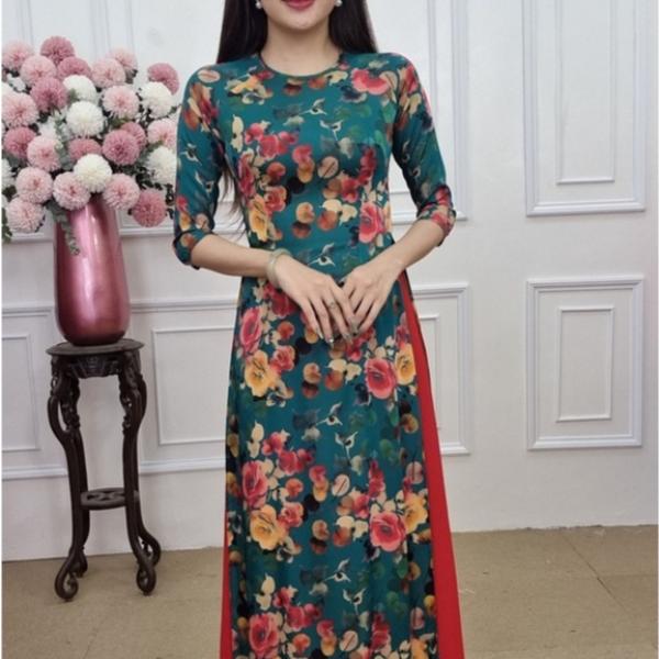 A1725 &aacute;o d&agrave;i lụa ph&aacute;p cổ kh&iacute;t nền xanh đậm hoa l&aacute; xanh đỏ (KH&Ocirc;NG GỒM QUẦN)