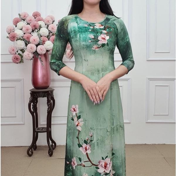 A1762 &aacute;o d&agrave;i lụa nhật xanh bơ pha xanh l&aacute; hoa tr&agrave; hồng (KH&Ocirc;NG GỒM QUẦN)