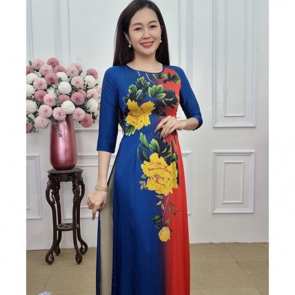 A1779 &aacute;o d&agrave;i lụa ph&aacute;p nền xanh than pha đỏ mẫu đơn v&agrave;ng l&aacute; xanh (KH&Ocirc;NG GỒM QUẦN)