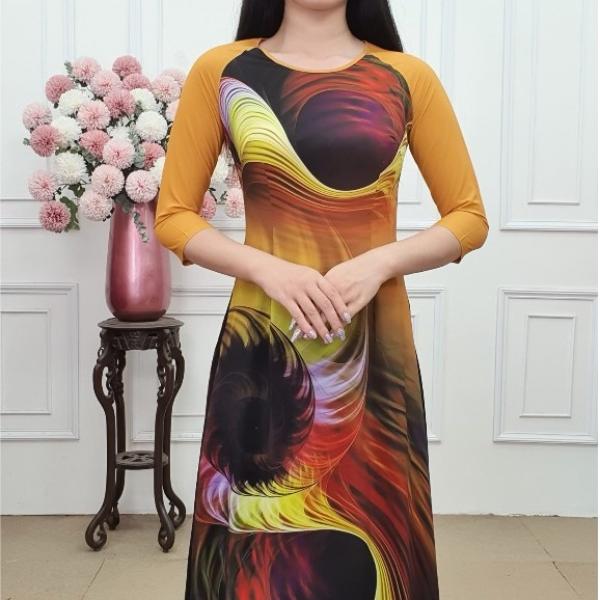 A1866 lụa nhật tr&ograve;n lỡ nền cam v&agrave;ng pha đen v&acirc;n s&oacute;ng sắc m&agrave;u (KH&Ocirc;NG GỒM QUẦN)