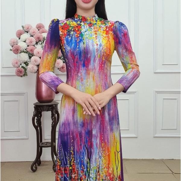 A1927 áo dài lụa nhật cổ 2p tay bồng sơn mài ngũ sắc hoa nhí vàng (KHÔNG GỒM QUẦN)