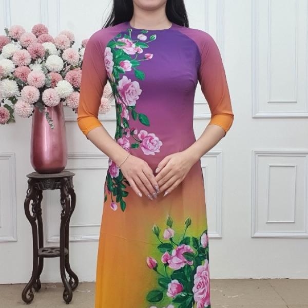 A2008 &aacute;o d&agrave;i lụa nhật tr&ograve;n lỡ nền t&iacute;m nho  omber cam hoa hồng vẽ (KH&Ocirc;NG GỒM QUẦN)