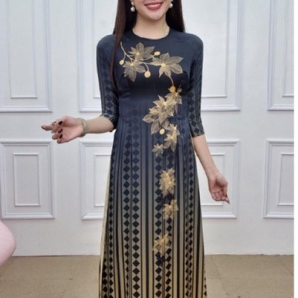 A2042 &aacute;o d&agrave;i lụa ph&aacute;p tr&ograve;n lỡ nền đen c&agrave;nh l&aacute; v&agrave;ng sọc thổ cẩm (KH&Ocirc;NG GỒM QUẦN)