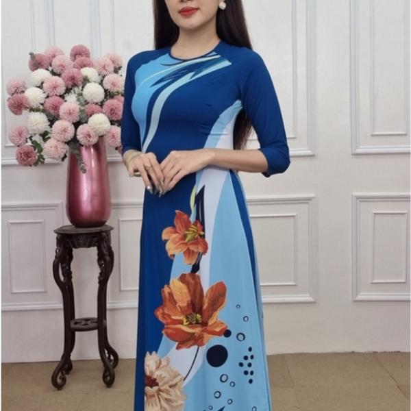 A2050  &aacute;o d&agrave;i lụa nhật tr&ograve;n lỡ nền xanh than pha xanh biển hoa huệ cam ch&aacute;y (KH&Ocirc;NG GỒM QUẦN)