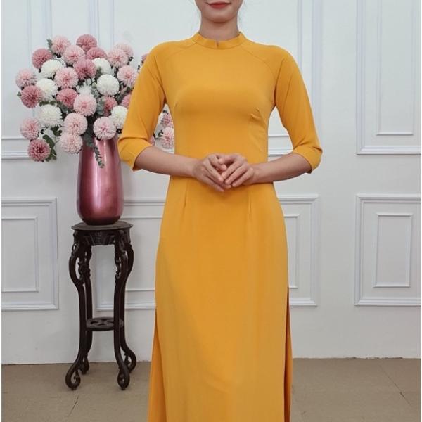 A2080 bộ &aacute;o d&agrave;i lụa mỹ v&agrave;ng trơn cổ 2p tay lỡ (Đ&Atilde; GỒM QUẦN)