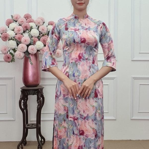 A2167 &aacute;o d&agrave;i lụa latin cổ 2p cổ mở tay lỡ nền hồng loang x&aacute;m kh&oacute;i (KH&Ocirc;NG GỒM QUẦN)