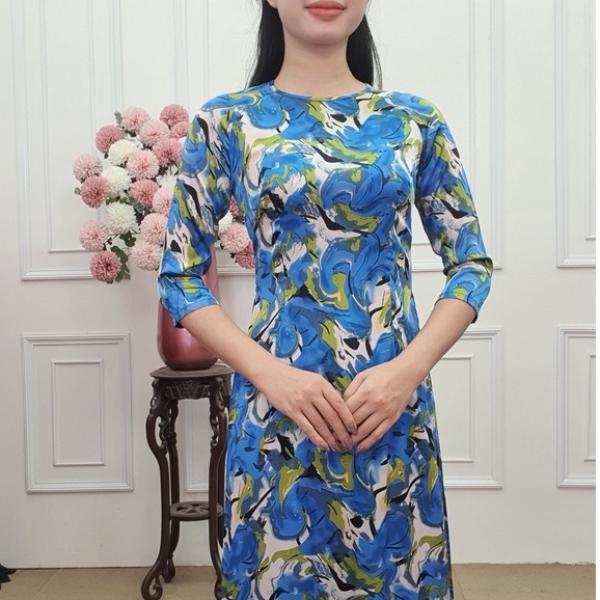A2186 &aacute;o d&agrave;i lụa Latin cổ kh&iacute;t tay lỡ xanh biển pha loang xanh l&aacute; c&acirc;y (KH&Ocirc;NG GỒM QUẦN)