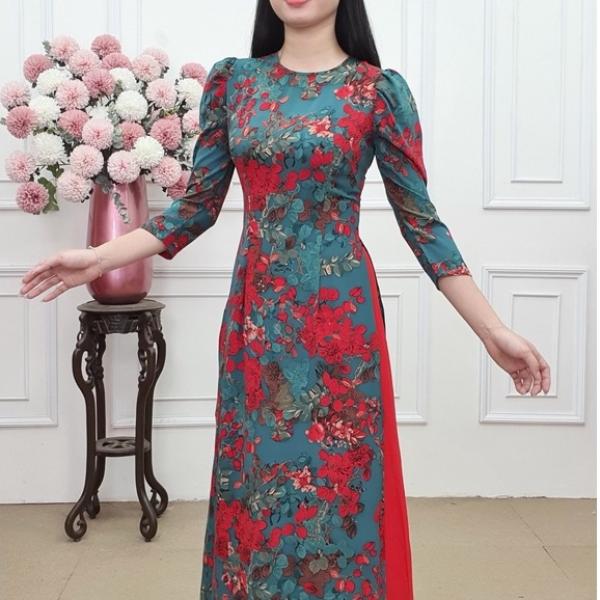 A2265 &aacute;o d&agrave;i lụa mịn kh&iacute;t bồng nền xanh đậm hoa đỏ (KH&Ocirc;NG GỒM QUẦN)