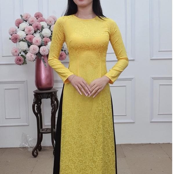 A2350CT &aacute;o d&agrave;i gấm cổ kh&iacute;t tay d&agrave;i m&agrave;u v&agrave;ng ho&agrave;ng yến (KH&Ocirc;NG GỒM QUẦN)
