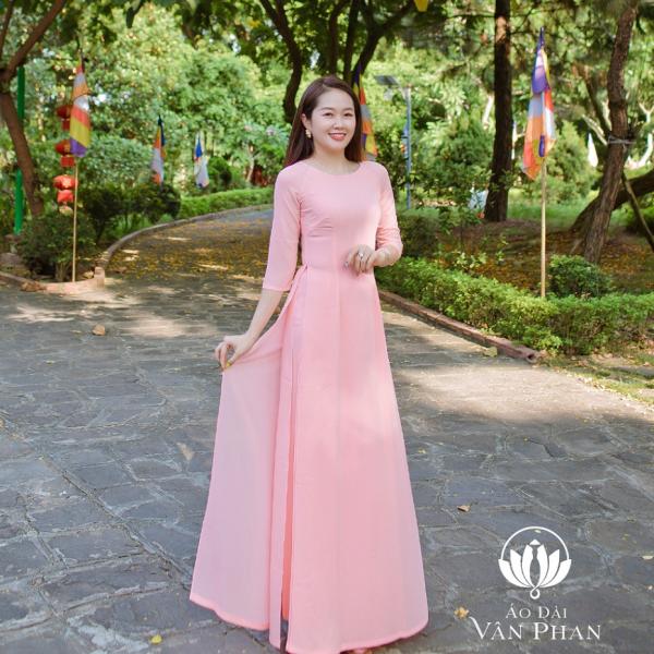 A802CT bộ áo dài chiffon hồng phấn bốn tà cổ tròn (ĐÃ GỒM QUẦN)