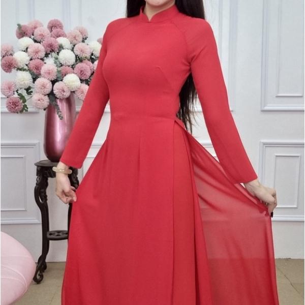 A803 bộ &aacute;o d&agrave;i chiffon đỏ cổ cao bốn t&agrave; (Đ&Atilde; GỒM QUẦN)