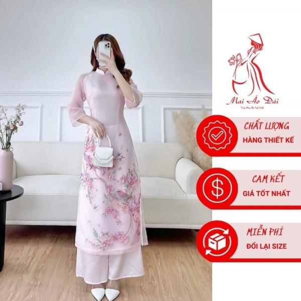&Aacute;o d&agrave;i c&aacute;ch t&acirc;n nữ Mộc tr&agrave; hoa đ&agrave;o hồng phấn 4 t&agrave; l&oacute;t lụa cao cấp - Mai &aacute;o d&agrave;i