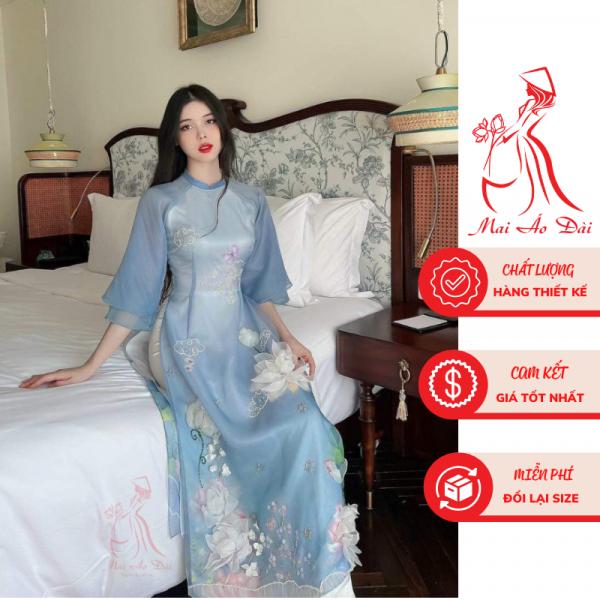 &Aacute;o d&agrave;i c&aacute;ch t&acirc;n nữ Sen xanh h&agrave;ng thiết kế đ&iacute;nh 3d nổi bật cao cấp sang trọng - Mai &aacute;o d&agrave;i