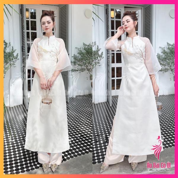 &Aacute;o d&agrave;i c&aacute;ch t&acirc;n vải tafta tay loe phối tơ họa tiết kết mặc lễ tết dự tiệc