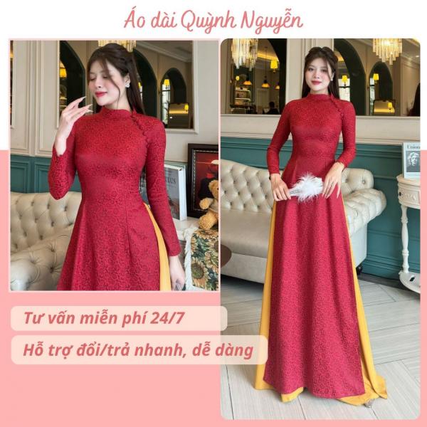 &Aacute;o d&agrave;i đỏ, &aacute;o d&agrave;i gấm th&aacute;i tuẩn đỏ đổ &aacute;o d&agrave;i truyền thống cổ cao tay d&agrave;i &Aacute;o d&agrave;i Quỳnh Nguyễn M&Atilde; G21