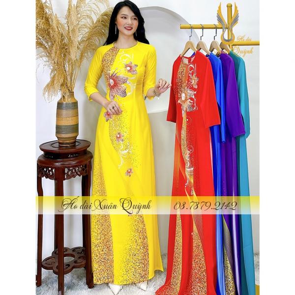 &Aacute;o D&agrave;i Hoa Kim Cương Phối Dải Chấm Bi, Nổi Bật Lụa Habutai K97 V&agrave;ng - &Aacute;o D&agrave;i Xu&acirc;n Quỳnh