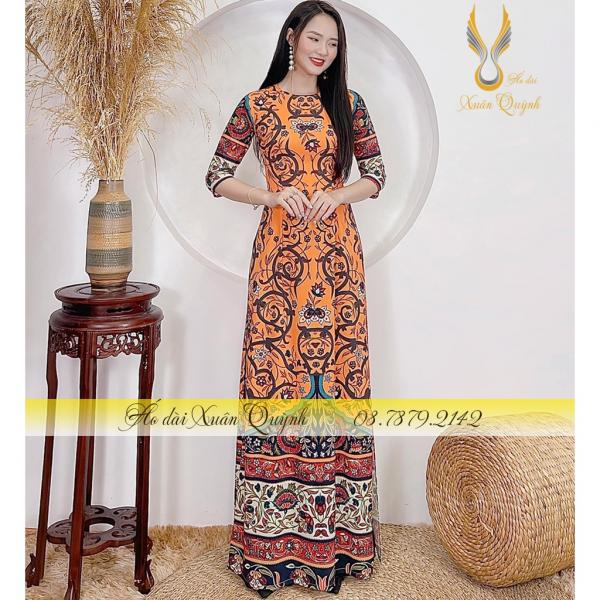 &Aacute;o D&agrave;i Hoạ Tiết Thổ Cẩm Cam T&ocirc;n D&aacute;ng, Thanh Lịch Lụa Habutai A15 - &Aacute;o D&agrave;i Xu&acirc;n Quỳnh