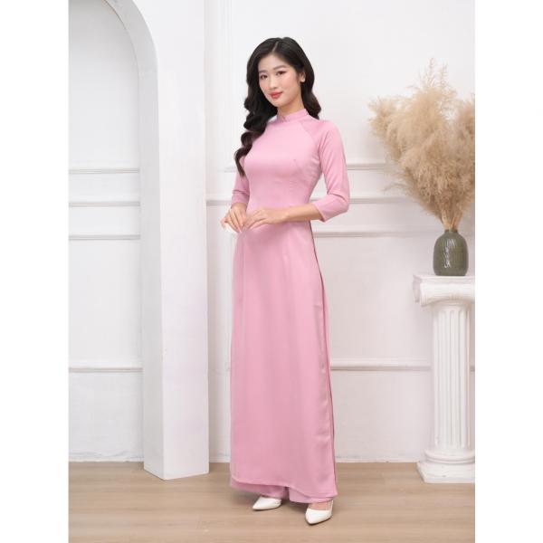 &Aacute;o d&agrave;i hồng phấn Cổ Cao truyền thống phối quần xanh r&ecirc;u vải lụa T&acirc;y Thi cao cấp mặc đẹp - Thế Giới &Aacute;o D&agrave;i