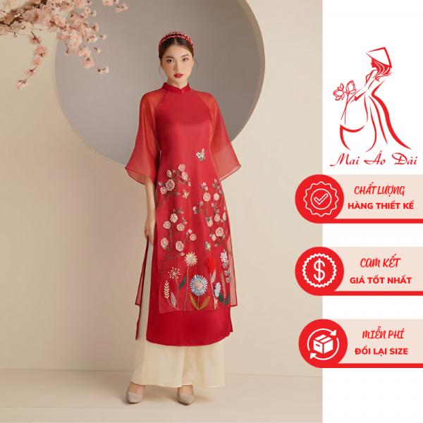 &Aacute;o d&agrave;i nữ h&agrave;ng tk Mộc Tr&agrave; Đỏ,t&agrave; lỡ 4 t&agrave;, tơ &aacute;nh l&oacute;t lụa, đ&iacute;nh kết thủ c&ocirc;ng - Mai &Aacute;o D&agrave;i