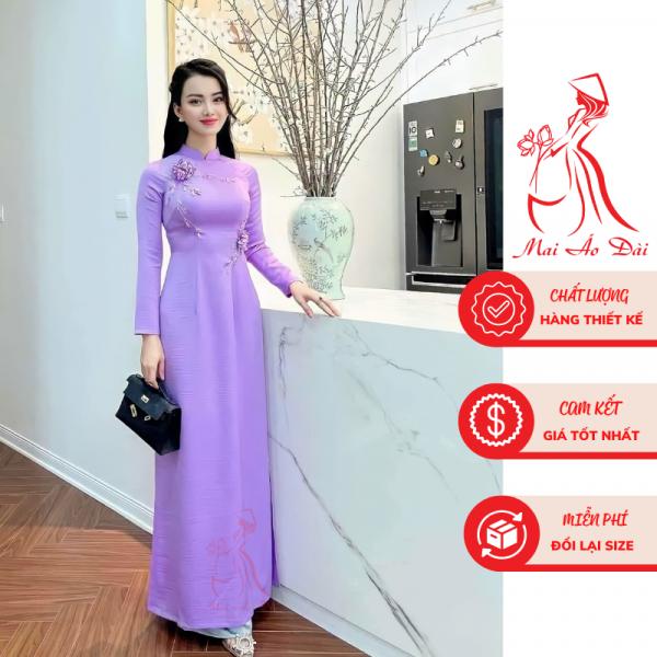 &Aacute;o d&agrave;i nữ lụa mỹ m&agrave;u t&iacute;m c&agrave;, th&ecirc;u tay hoa c&uacute;c t&iacute;m - Mai &Aacute;o D&agrave;i