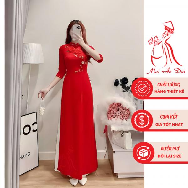 &Aacute;o d&agrave;i nữ truy&ecirc;n thống may sẵn Lụa mỹ cao cấp th&ecirc;u 3 hoa hồng v&agrave; đ&iacute;nh ngọc cổ &aacute;o - Mai &aacute;o d&agrave;i