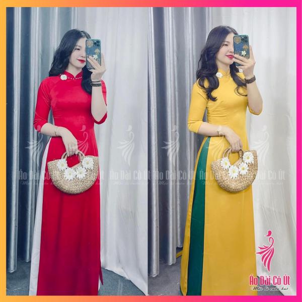 &Aacute;o d&agrave;i nữ truyền thống vải lụa t&acirc;y thi cổ cao đ&iacute;nh 2 b&ocirc;ng hoa v&agrave; ngọc ở cổ h&agrave;ng may sẵn