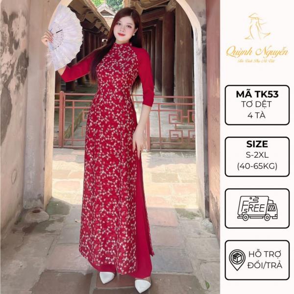 &Aacute;o d&agrave;i thiết kế &Aacute;O D&Agrave;I QUỲNH NGUYỄN &aacute;o d&agrave;i tơ v&acirc;n 4 t&agrave; &aacute;o d&agrave;i đỏ hoa nh&iacute; trẻ trung nổi bật M&Atilde; TK53
