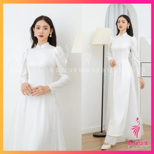 &Aacute;o D&agrave;i Trắng Trơn Tay Phồng 2 T&agrave; Vải Lụa T&acirc;y Thi Đ&iacute;nh Ngọc H&agrave;ng May Sẵn