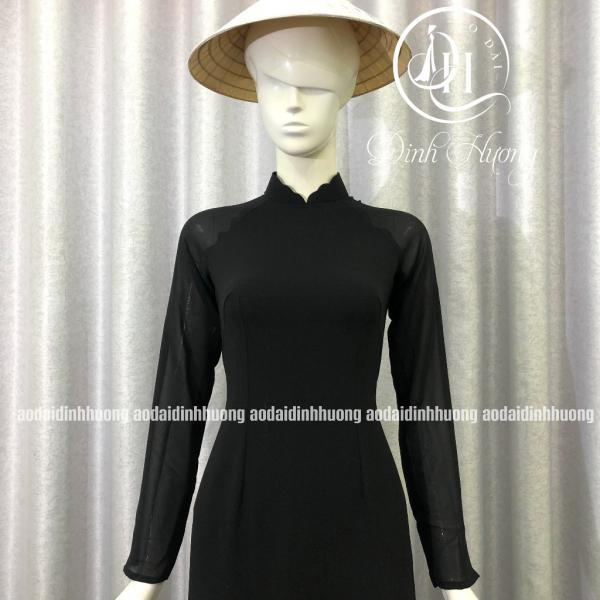 &Aacute;o d&agrave;i trơn Đinh Hương vải chifon m&agrave;u đen 4 t&agrave; cổ lượn đ&aacute;m m&acirc;y tay d&agrave;i