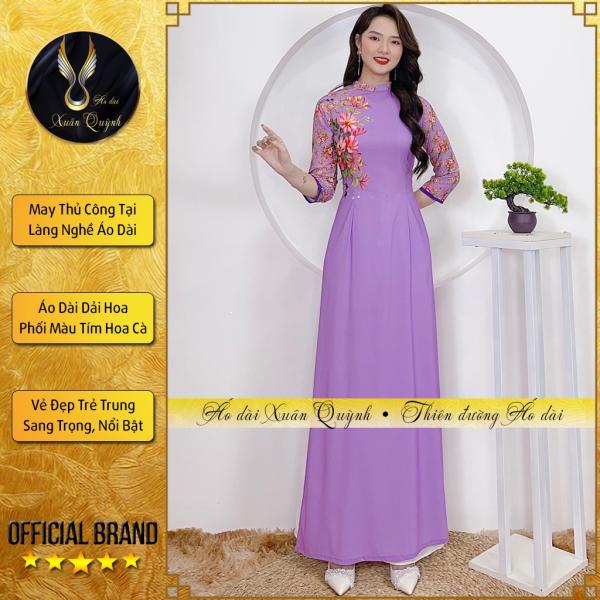 &Aacute;o D&agrave;i Truyền Thống Dải Hoa Cổ 2 Ph&acirc;n, Lụa Habutai Cao Cấp K91 T&iacute;m Hoa C&agrave; - &Aacute;o D&agrave;i Xu&acirc;n Quỳnh