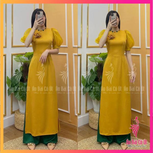 &Aacute;o d&agrave;i truyền thống lụa t&acirc;y thi tay bồng phối tơ cổ tr&ograve;n đ&iacute;nh c&uacute;c kết hoa ngực c&aacute;ch điệu