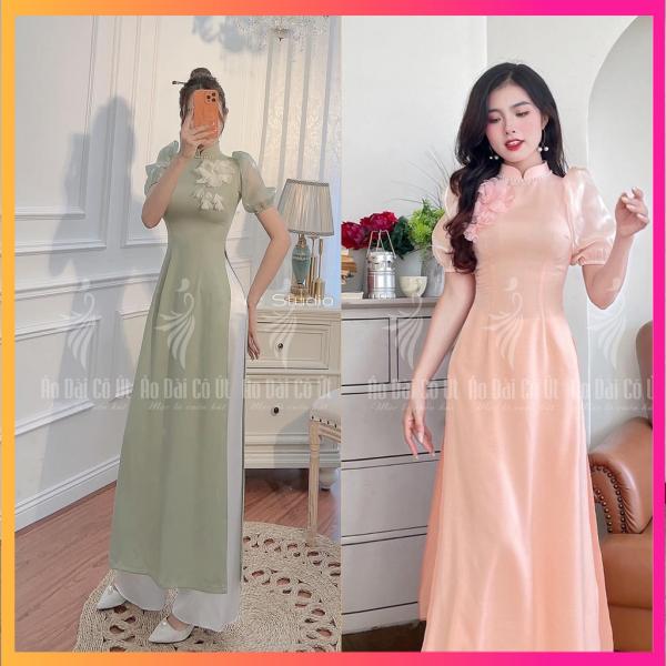 &Aacute;o d&agrave;i truyền thống nữ lụa t&acirc;y thi tay bồng phối tơ đ&iacute;nh hoa thời trang cao cấp h&agrave;ng may sẵn