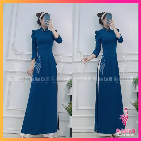 &Aacute;o D&agrave;i Truyền Thống Nữ Vải Lụa T&acirc;y Thi Trơn M&agrave;u Xanh Cổ Vịt Tay Bồng Cổ Truyền Thống Đ&iacute;nh Ngọc