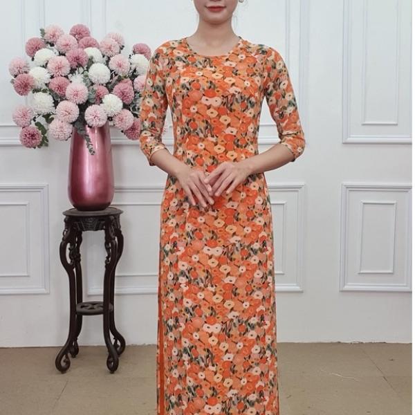 Tơ 181 &aacute;o d&agrave;i tơ tr&ograve;n lỡ nền cam hoa cam (KH&Ocirc;NG GỒM QUẦN)