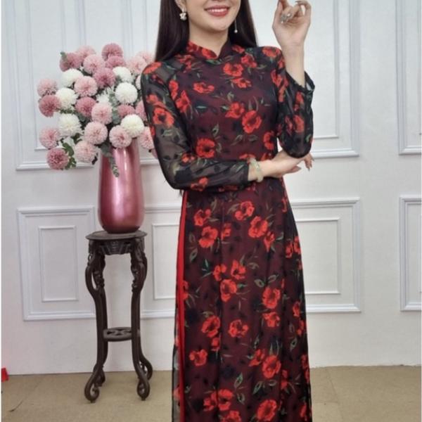 Tơ 201 &aacute;o d&agrave;i tơ cổ cao tay d&agrave;i nền đen hoa đỏ (KH&Ocirc;NG GỒM QUẦN)